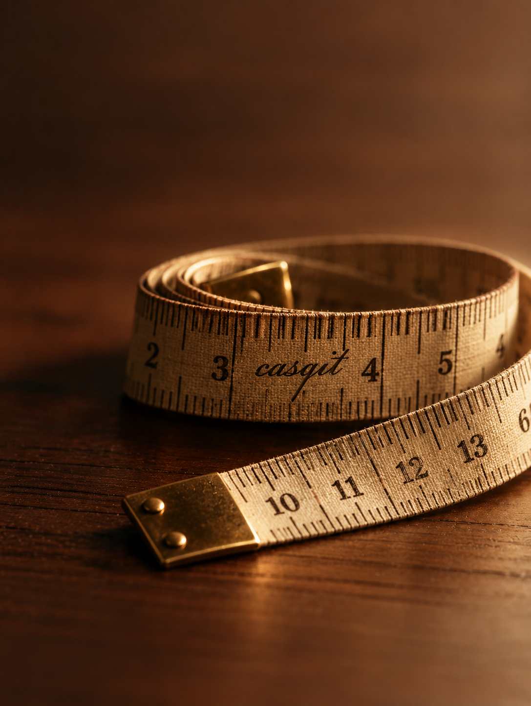 Vintage tape measure with a subtle Casqit mark on a wooden table
