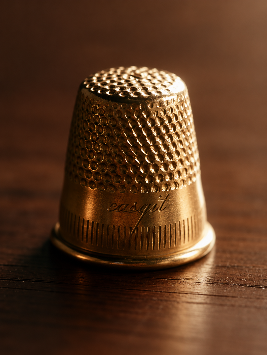 Golden thimble with a subtle Casqit engraving